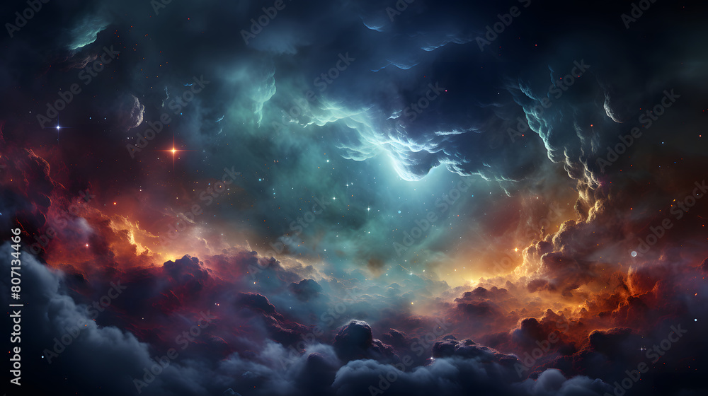 This stunning image captures the vastness and beauty of a cosmic scene, highlighting vibrant clouds and shining stars in deep space This stunning image captures the vastness and beauty of a cosmic scene, highlighting vibrant clouds and shining stars in deep space