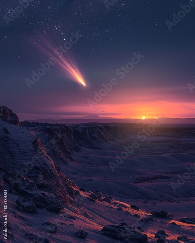 A singular  radiant comet streaking across a dusk-hued alien landscape  hyper realistic  digital photography