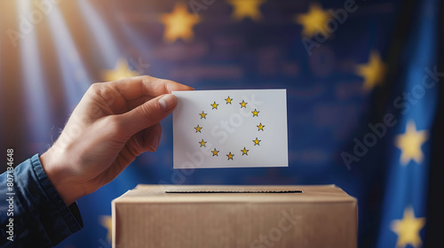 A person's hand is inserting a ballot with stars similar to the EU flag into a voting box, with EU flag backdrop The image conveys voting concept in the European Union context photo