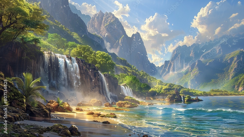 Fototapeta premium Craft an image of paradise where the landscape gleams with shiny elements