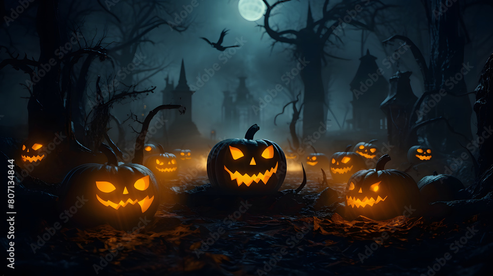 Fototapeta premium Halloween themed image featuring glowing jack-o'-lanterns with a creepy forest background and a castle under a full moon