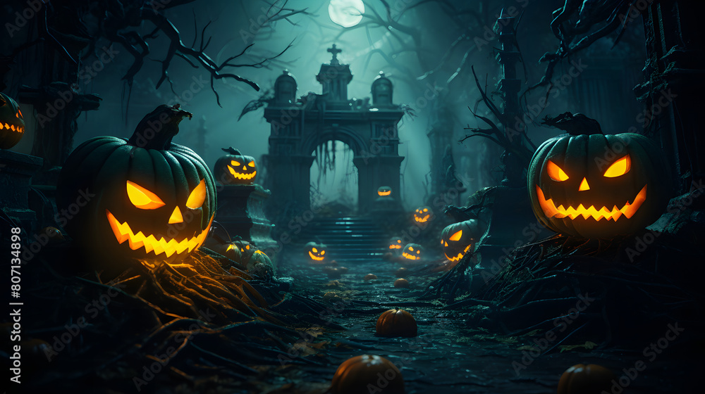 A dark, eerie scene with glowing jack-o'-lanterns lining a path through a haunted, foggy forest leading to an ominous Gothic gate Perfect for Halloween