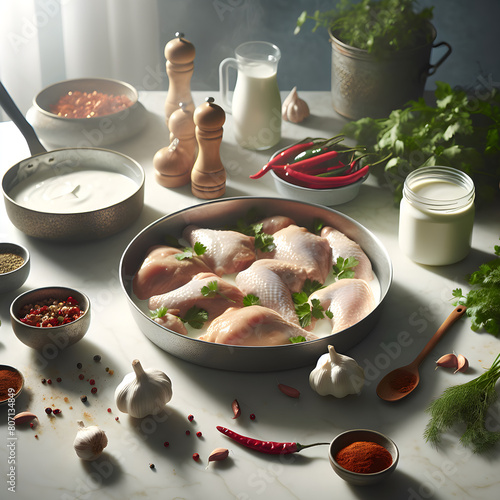 Marinated Qull Yogurt Chicken with Fresh Herbs on Marble Counter