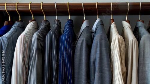 A row of clothes hanging on a rack, including a striped jacket and a blue jacket. The clothes are neatly hung and arranged in a row