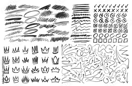 Comprehensive Set Of Vector Doodles, Featuring Scribbles, Brush Strokes, Check Marks, Arrows, And Variety Of Crowns