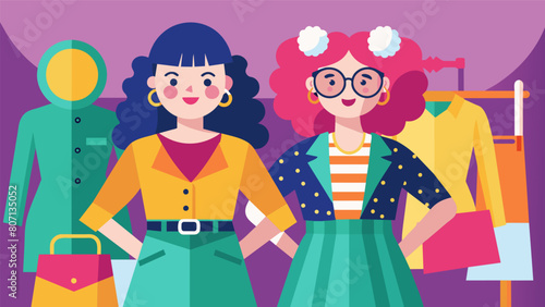 Two friends proudly showing off their thrift store outfits complete with quirky accessories and unexpected color combinations as they embrace the. Vector illustration