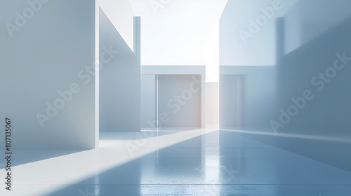 Playing with colorful lights in indoor spaces with creative and minimal style. 3D rendering exhibition background 3d geometric showcase with beautiful blue sky background  Generative Ai
