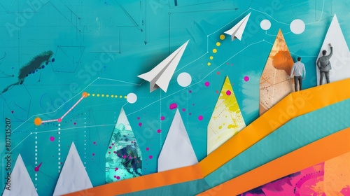 In this contemporary collage, three characters, a growth chart, and a paper plane represent the idea of business success.
