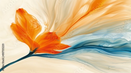 A painting of a flower with orange petals and blue and white swirls. The painting has a dreamy, ethereal quality to it #807135220