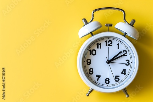 a vintage white alarm clock with bold black numbers against a vibrant yellow backdrop.