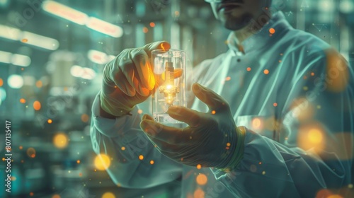 A scientist wearing a lab coat and gloves holds a glowing beaker in a lab.