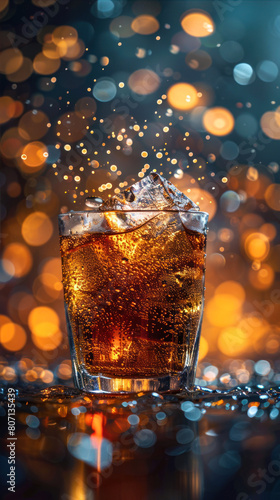 whiskey cola with ice cubes on a dark background with bokeh