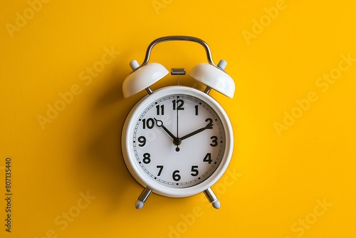 a vintage white alarm clock with bold black numbers against a vibrant yellow backdrop.