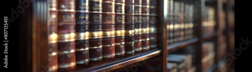 Closeup shot of a glassfront bookshelf in an elegant office, containing rows of professionally bound law books with gold lettering on the spines photo