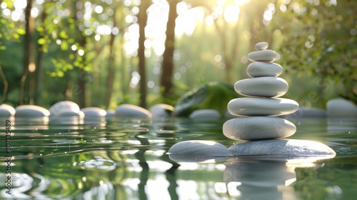 Serene Zen stones balanced in tranquil water with bokeh light for peaceful meditation and relaxation