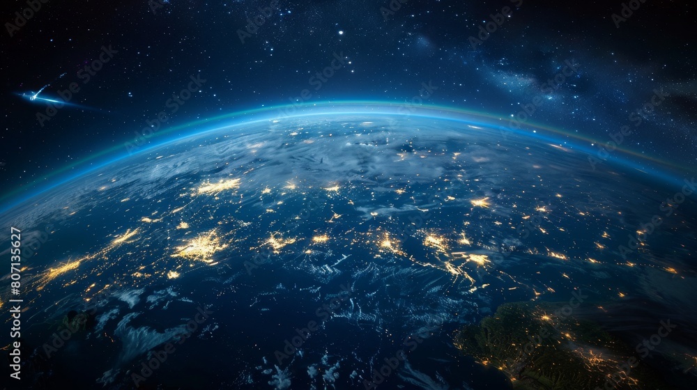 Fototapeta premium Aerial view of Planet Earth at night, showcasing the glowing lights of cities spread across the continents, set against the dark expanse of the oceans