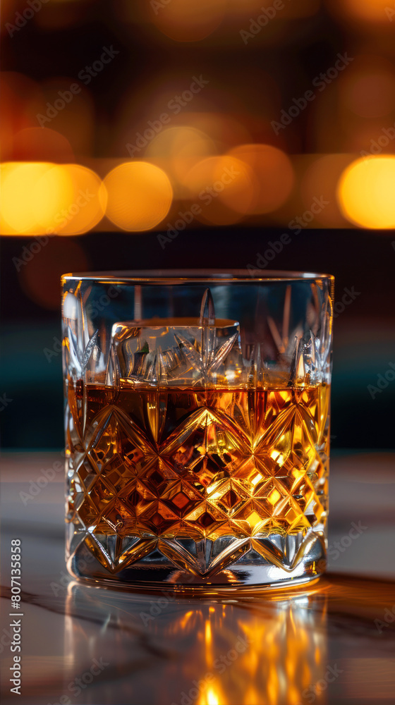 Glass of whiskey with ice cubes on a table in a bar.