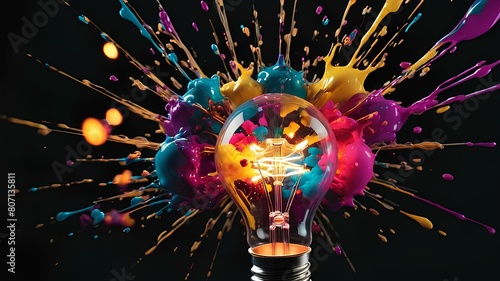Obraz na płótnie Creative design of an exploded light bulb with colorful colors got out of it. Represents new ideas, thoughts and critical thinking. w salonie