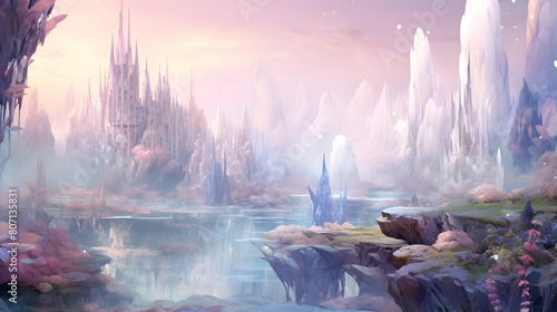 Fantasy fantasy landscape with waterfall and lake. Digital painting illustration.