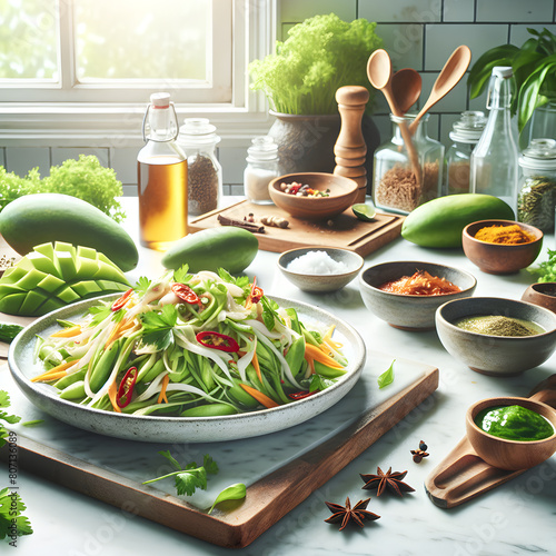 Chrouk Svay Green Mango Salad Preparation on Marble Counter photo