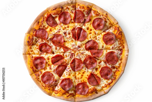 A whole pepperoni pizza cut into slices, top view on a white backdrop