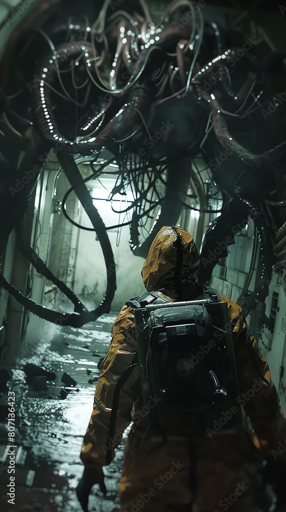 Fototapeta premium Imagine a biohazard suit-clad scientist frozen in terror as unseen forces close in
