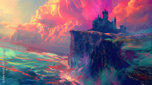 A castle perched on the edge of a cliff, overlooking a sea of swirling colors instead of water photo