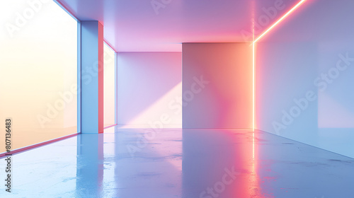 Playing with colorful lights in indoor spaces with creative and minimal style. 3D rendering exhibition background 3d geometric showcase with beautiful blue sky background, Generative Ai