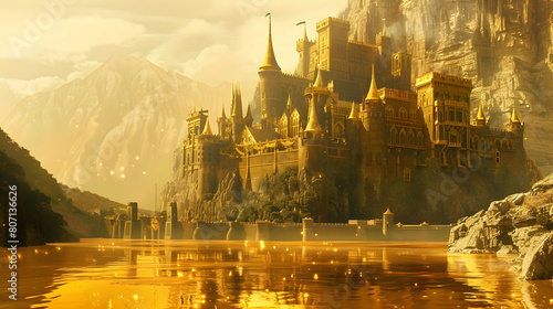 A castle surrounded by a moat of liquid gold, its towers gleaming in the sunlight.
