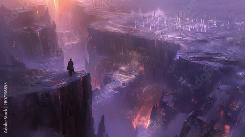 A city built within the confines of a massive crater, surrounded by jagged cliffs photo