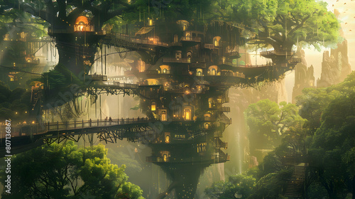 A city nestled within the branches of a colossal tree, with walkways and platforms winding through its canopy