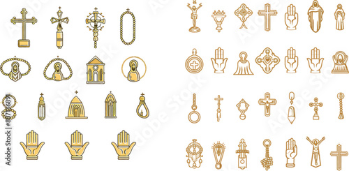 Gold line christian church icons and praying hands with prayer beads vector