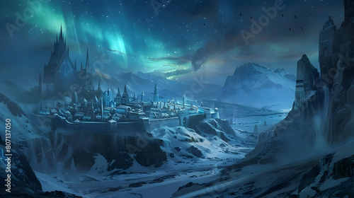 A city of ice and snow, where the northern lights dance in the sky above photo
