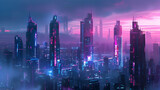 A cityscape bathed in perpetual twilight, with skyscrapers adorned with pulsating neon accents