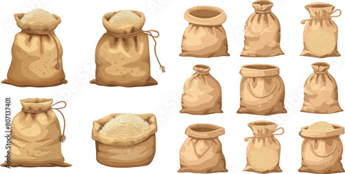 Cartoon rice bags. Full brown sack rised grain or oat, agriculture sacks of uncooked meal food
