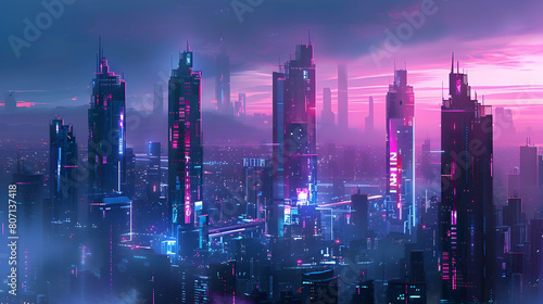 A cityscape bathed in perpetual twilight  with skyscrapers adorned with pulsating neon accents