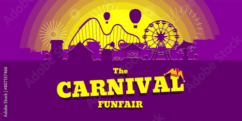 Carnival funfair horizontal banner. Amusement park with circus, carousels, roller coaster, attractions on sunset city backdrop. Fun fair landscape with fireworks. Ferris wheel and merry-go-round fest