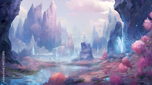 Fantasy landscape with river and mountains in watercolor style, 3d illustration