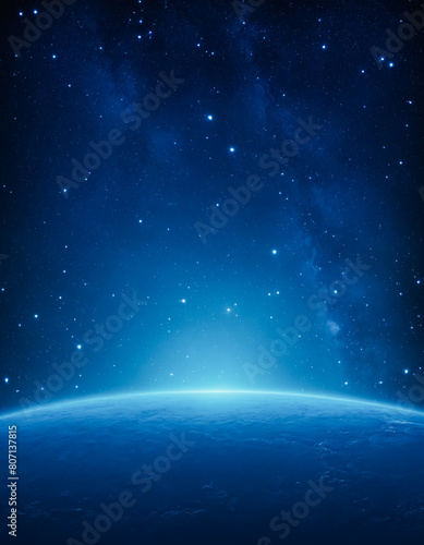 Close up view of a planet with space, stars, and galaxies in the background in the shades of blue. Space wallpaper, background, backdrop.