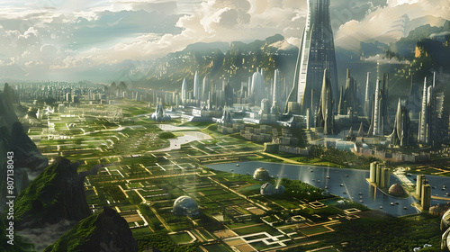 A cityscape where advanced terraforming technology transforms barren landscapes into fertile farmland