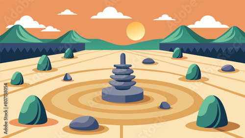 A Zen garden with carefully raked gravel and strategically p rocks symbolizing the Stoic belief in finding peace and tranquility amidst chaos.. Vector illustration
