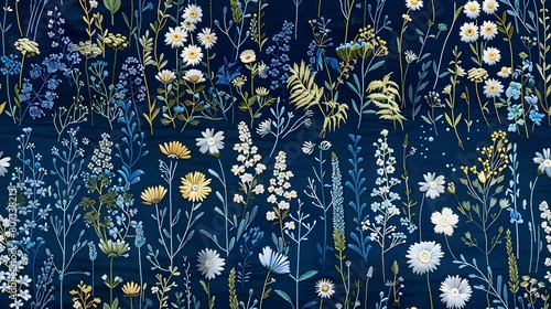 Luxurious Embroidered Wildflower Tapestry in Midnight Hues photo