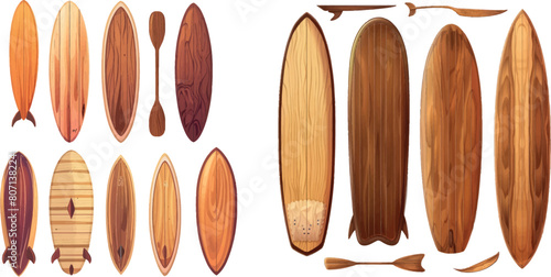 Wooden surfboards. Wood surf board types, surfboard with paddle or fish shape