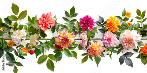 flower garland, a horizontal line of flowers and leaves with various types of peonies, roses, chrysanthemums, and dahlia on a white background