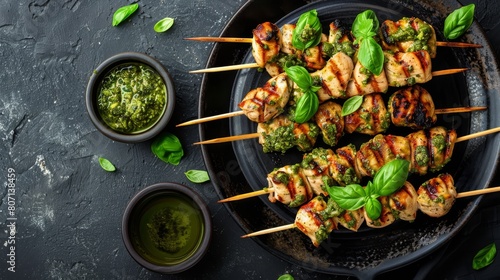  A plate with chicken skewers topped by pesto sauce, accompanied by a small bowl of pesto on the side