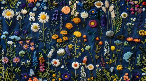 Luxurious Embroidered Wildflower Tapestry on Navy Linen with Intricate Botanical Detailing photo
