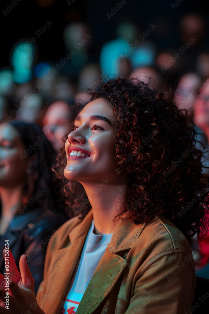 The excitement of an audience, vibrant colors and focus on a person enjoying a concert
