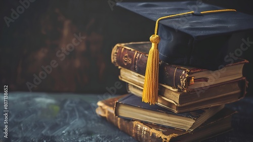 A graduation cap with a yellow tassel resting on a stack of hardcover books against a dark grey background photo