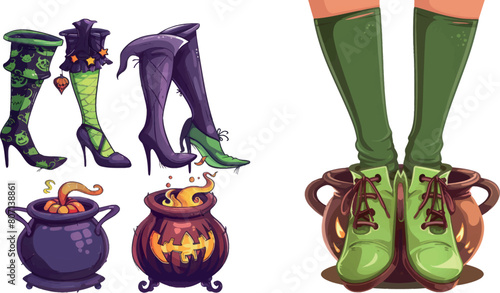 Witch legs. Cartoon witches feet in shoes boots stockings cauldron pot