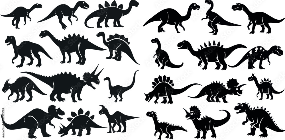 Dino icons set. Dinosaurs black silhouettes